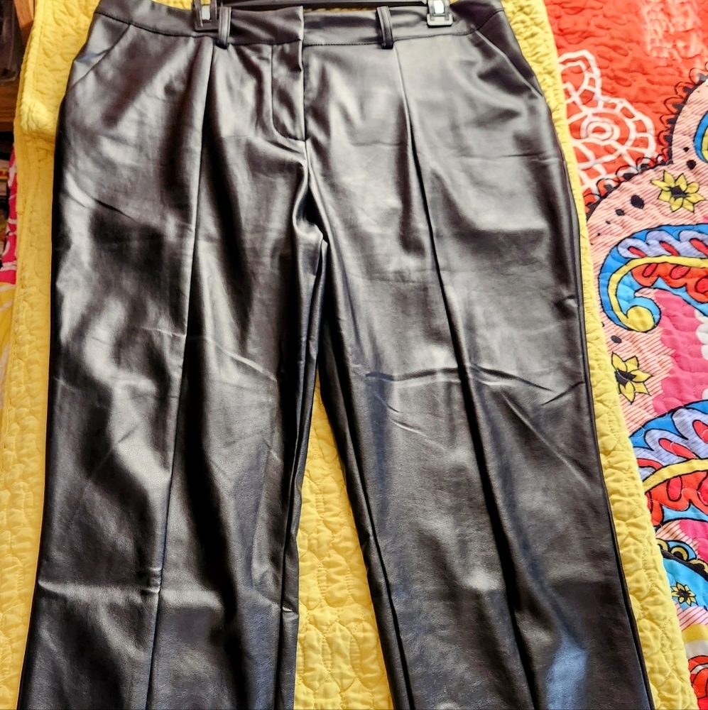High - Rise Faux Leather Slit - Front Ankle Black Pants